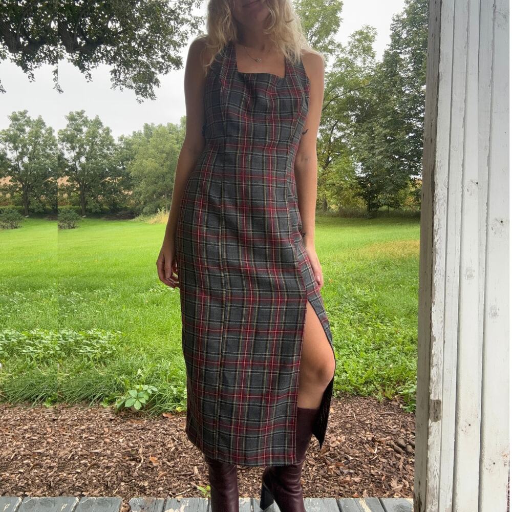 Vintage 90s Knapp Studio Tartan Plaid Midi Dress Maxi Thigh Slit Green Red Sz 13